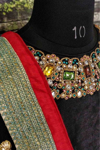 Cream and Black Art Silk Lehenga Choli NCLC10110247