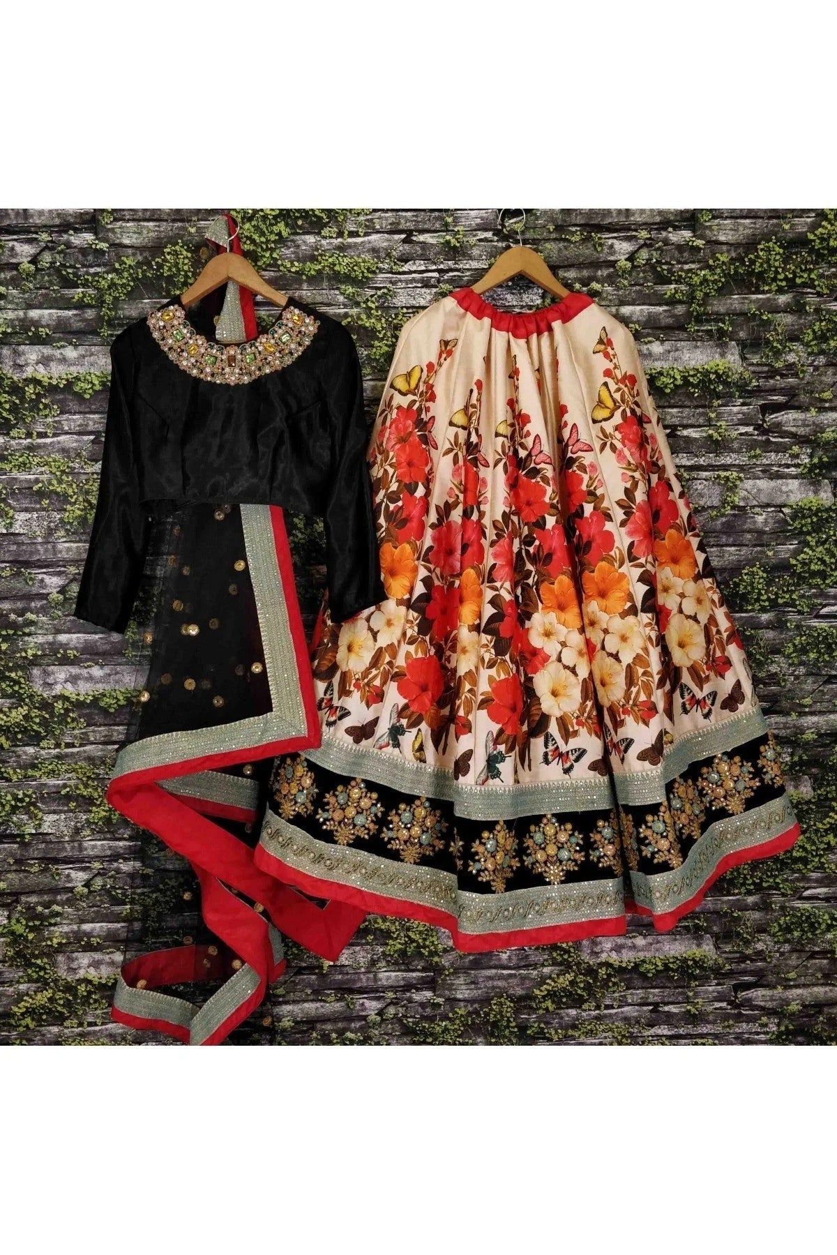 Cream and Black Art Silk Lehenga Choli NCLC10110247