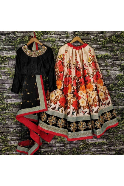 Cream and Black Art Silk Lehenga Choli NCLC10110247