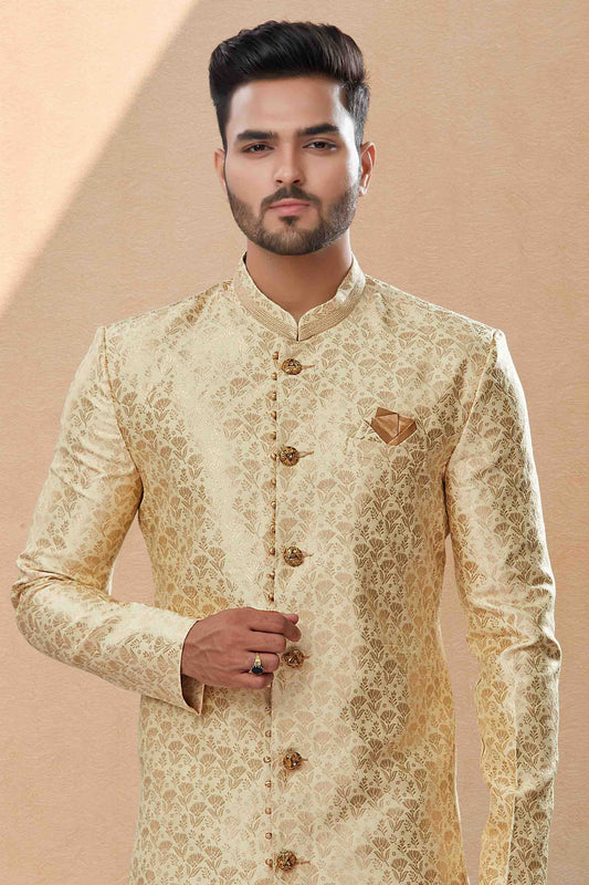Cream and Gold Dhoti SherwaniIn Banarasi Jacquard  NCSH10410504