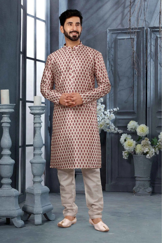 Cream and Maroon Kurta Pajama In Silk NCKP10410680