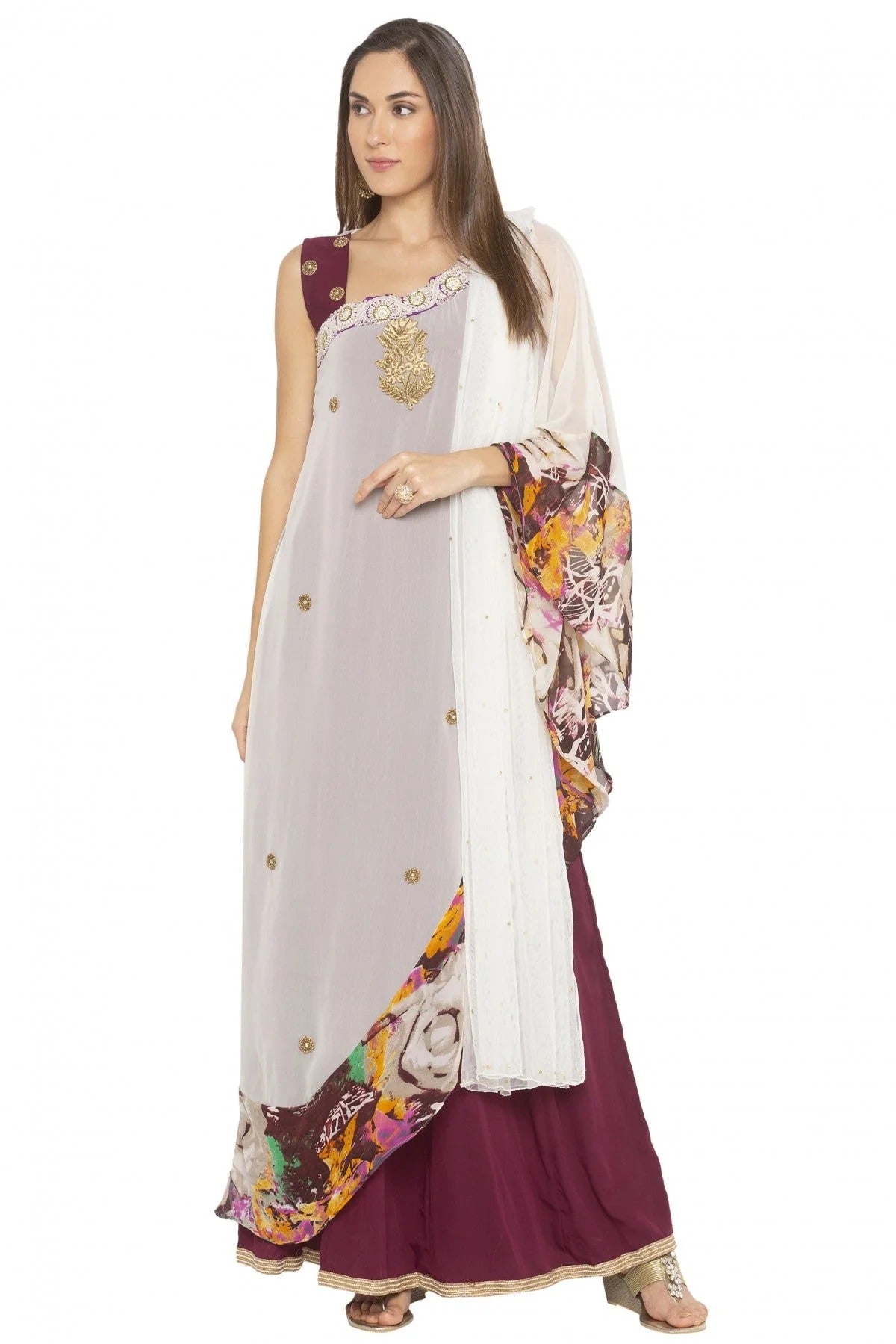 Cream and Maroon Plus Size Georgette Embroidery Anarkali Suit NCSS10710549