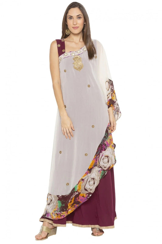 Cream and Maroon Plus Size Georgette Embroidery Kurti NCKR10710137