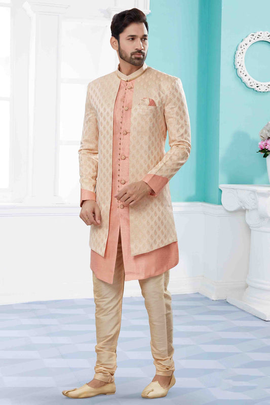 Cream and Pink Indo Western In Banarasi Jacquard NCSH10410523