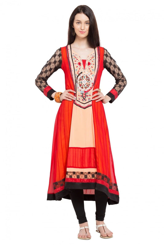 Cream and Red Plus Size Faux Georgette Kurti NCKR10710144