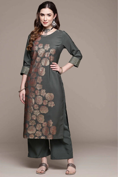 Dark Grey Crepe Foil Print Kurta With Palazzo NCKR10610112