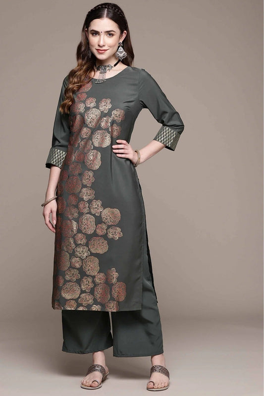 Dark Grey Crepe Foil Print Kurta With Palazzo NCKR10610112