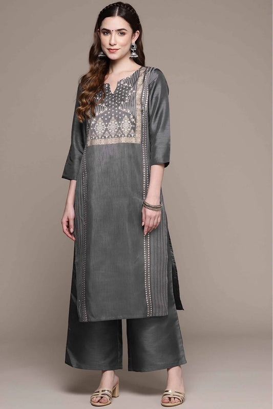 Dark Grey Poly Silk Foil Print Kurta With Palazzo NCKR10610116