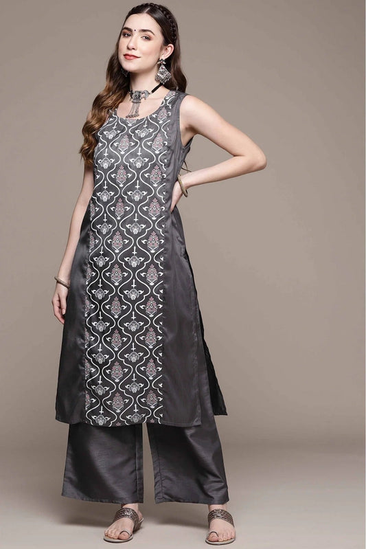 Dark Grey Poly Silk Printed Kurta With Palazzo NCKR10610114