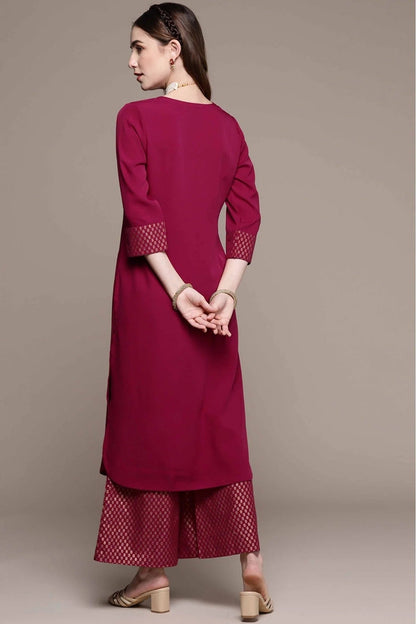 Dark Pink Crepe Foil Print Kurta With Palazzo  NCKR10610111