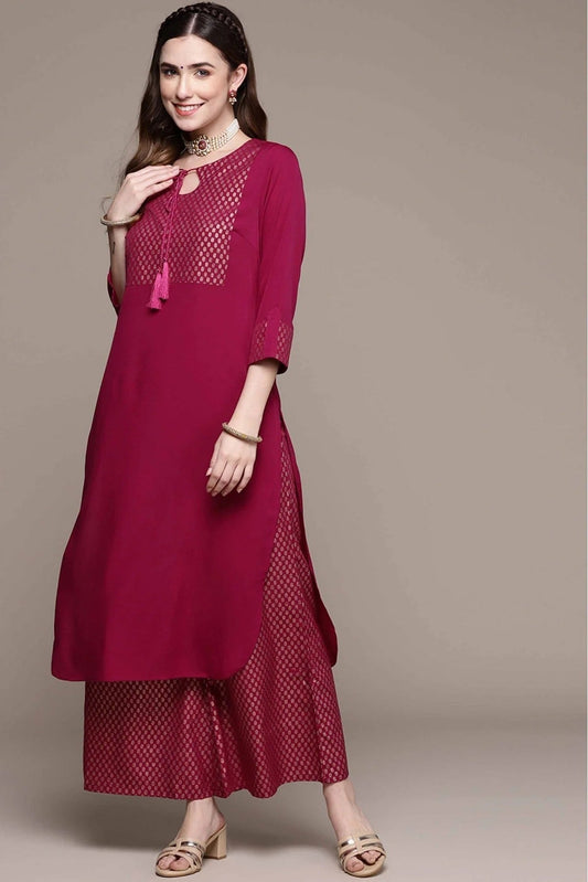 Dark Pink Crepe Foil Print Kurta With Palazzo NCKR10610111