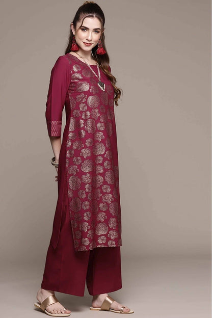 Dark Pink Crepe Foil Print Kurta With Palazzo  NCKR10610113