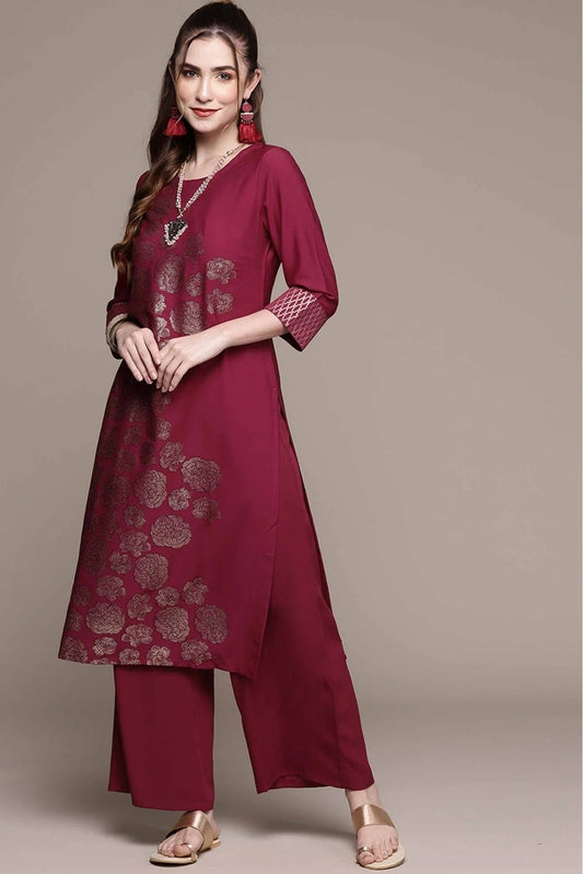 Dark Pink Crepe Foil Print Kurta With Palazzo NCKR10610113