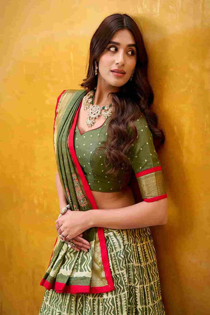 Dola Silk Batik Print Stitched Lehenga Choli In Mehendi Green Colour NCLD1300015