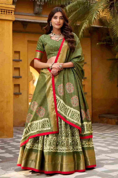 Dola Silk Batik Print Stitched Lehenga Choli In Mehendi Green Colour NCLD1300015