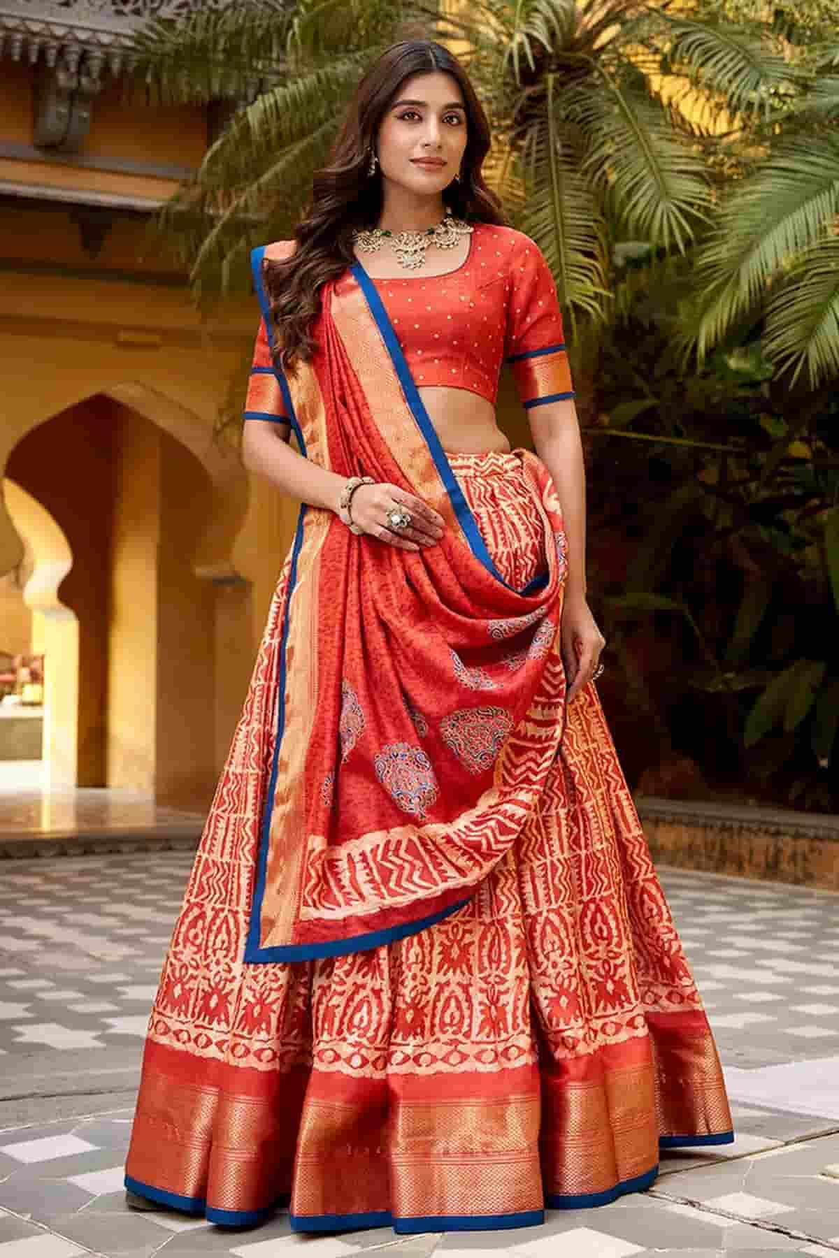 Dola Silk Batik Print Stitched Lehenga Choli In Orange Colour NCLD1300016