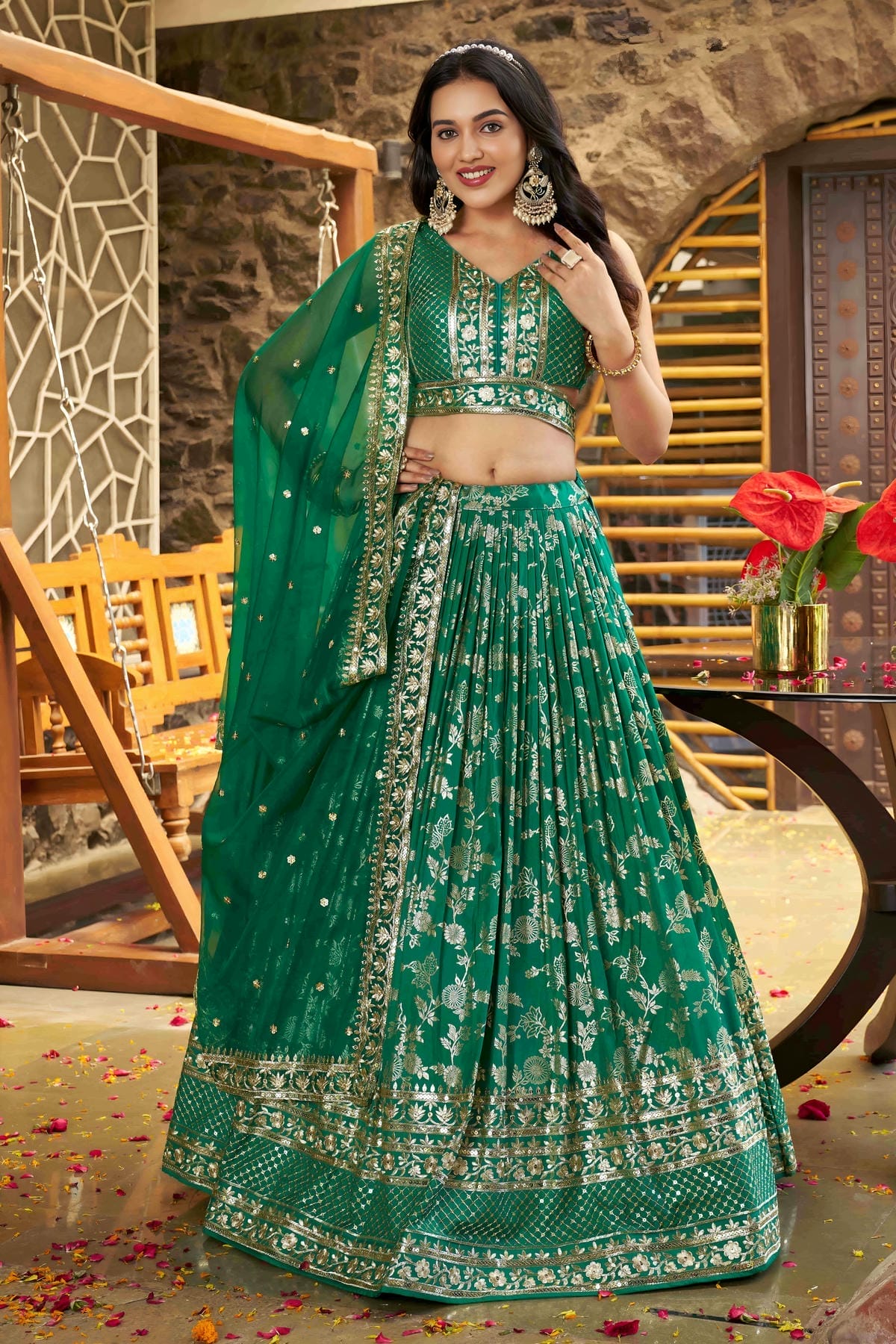 Dola Silk Jacquard Lehenga Choli In Rama Green Colour LC10110107