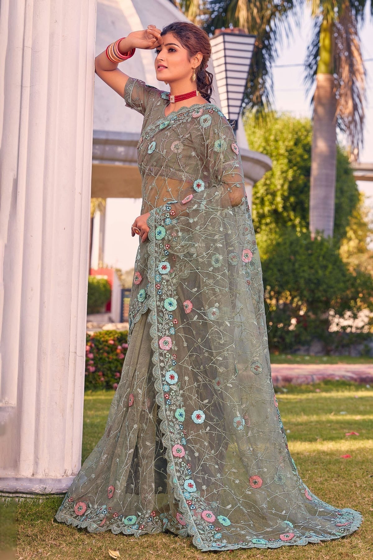 Dusty Green Net Designer Saree NCLC11210450