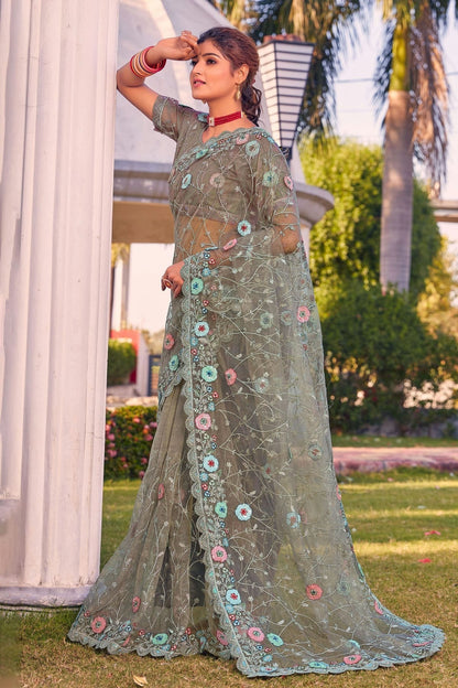 Dusty Green Net Designer Saree NCLC11210450