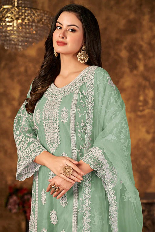 Dusty Green Net Semi Stitched Palazzo Pant Suit NCSM10510393