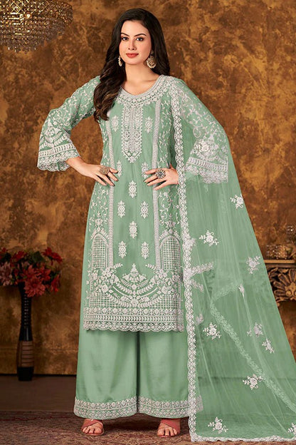 Dusty Green Net Semi Stitched Palazzo Pant Suit NCSM10510393