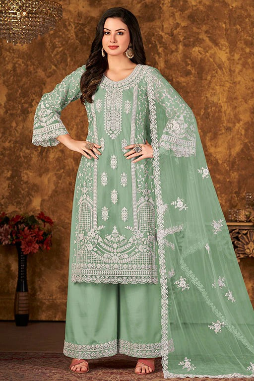 Dusty Green Net Semi Stitched Palazzo Pant Suit NCSM10510393