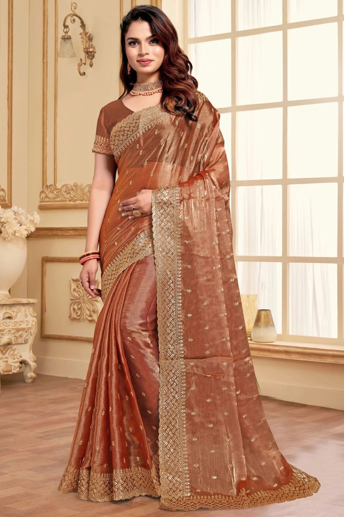 Dusty Peach Burberry Silk Designer Saree NCSD11210254