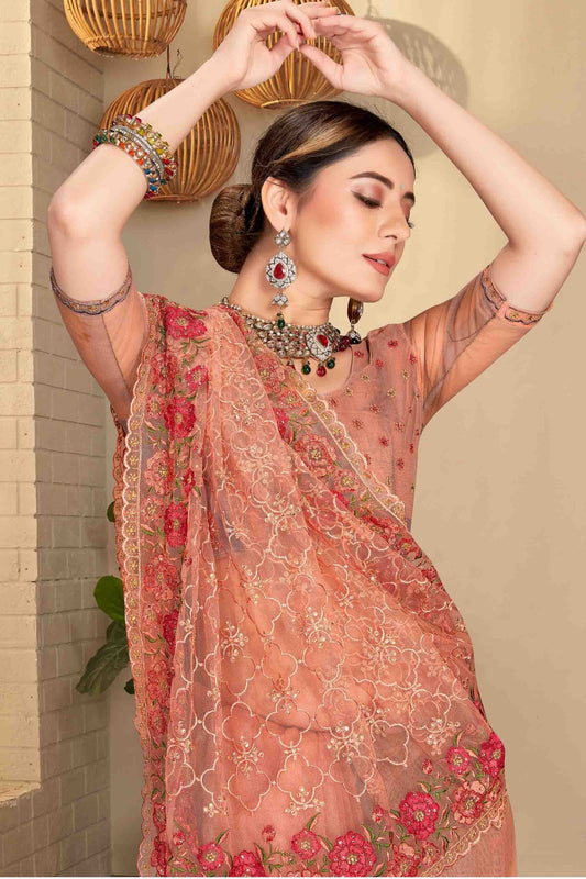 Dusty Peach Net Designer Saree NCSD10910759