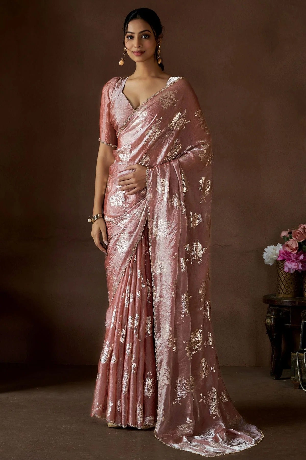 Dusty Peach Satin Silk Designer Saree NCSD11210207