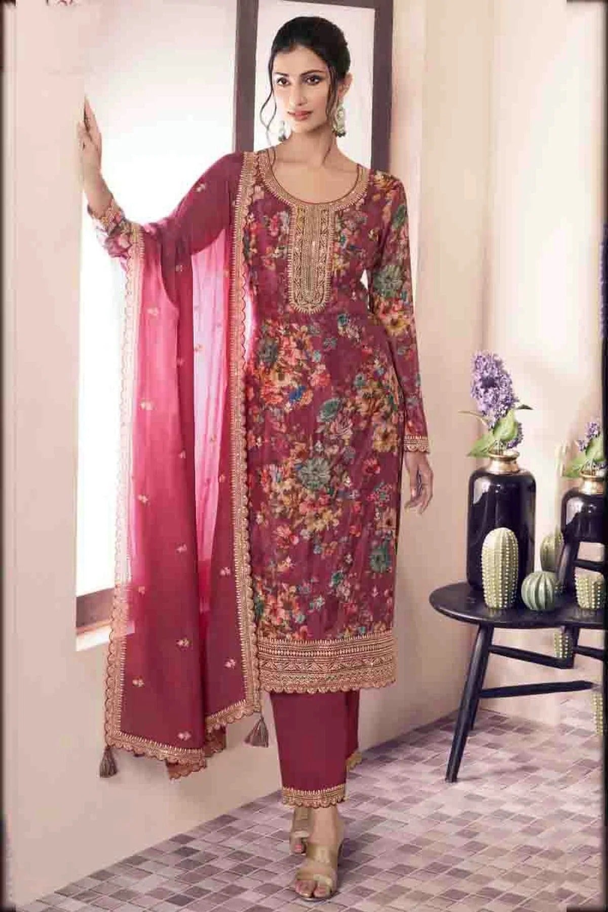 Dusty Pink Chinon Pant Style Suit NCSM11410245