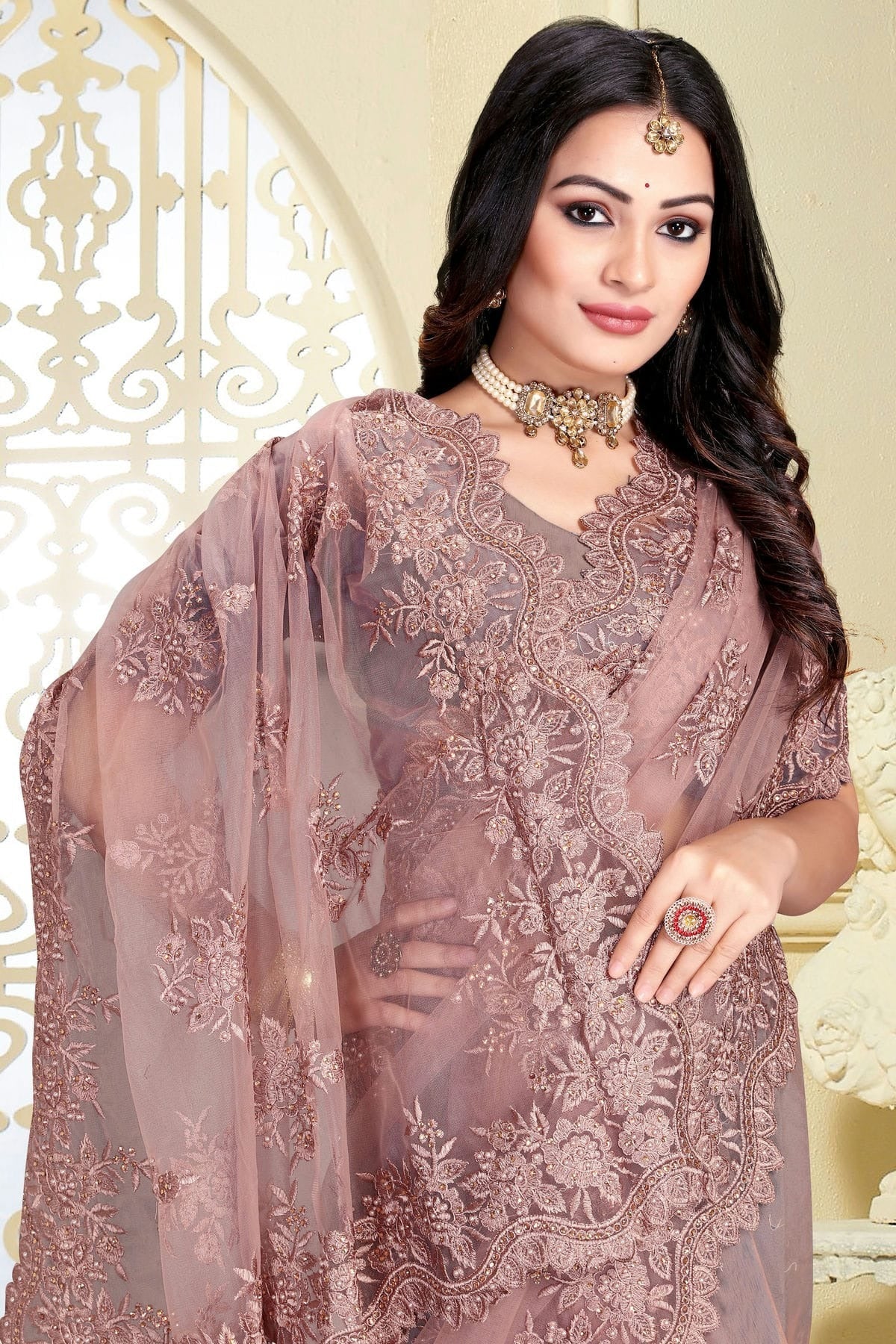 Dusty Pink Net Saree NCSD10910389
