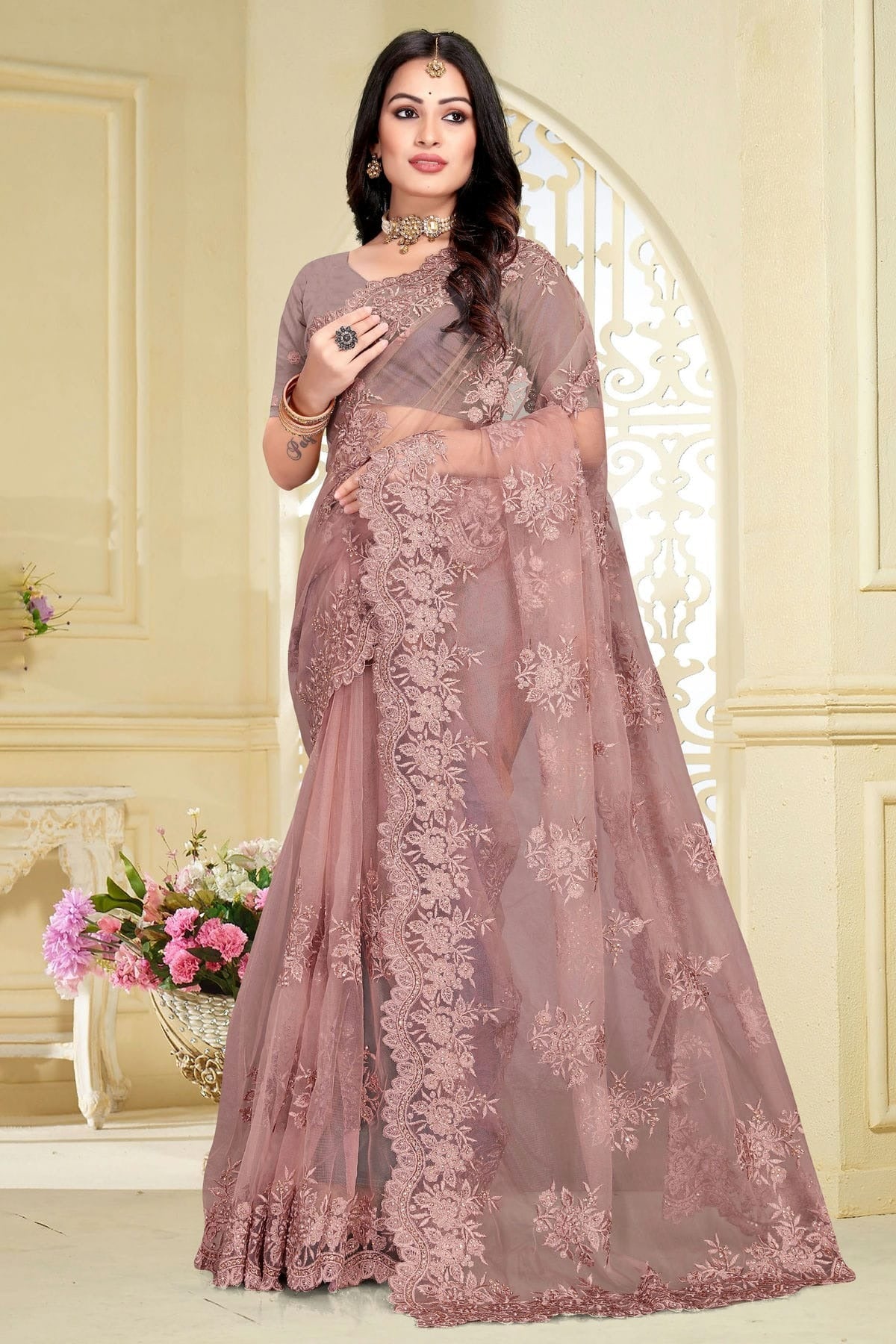 Dusty Pink Net Saree NCSD10910389