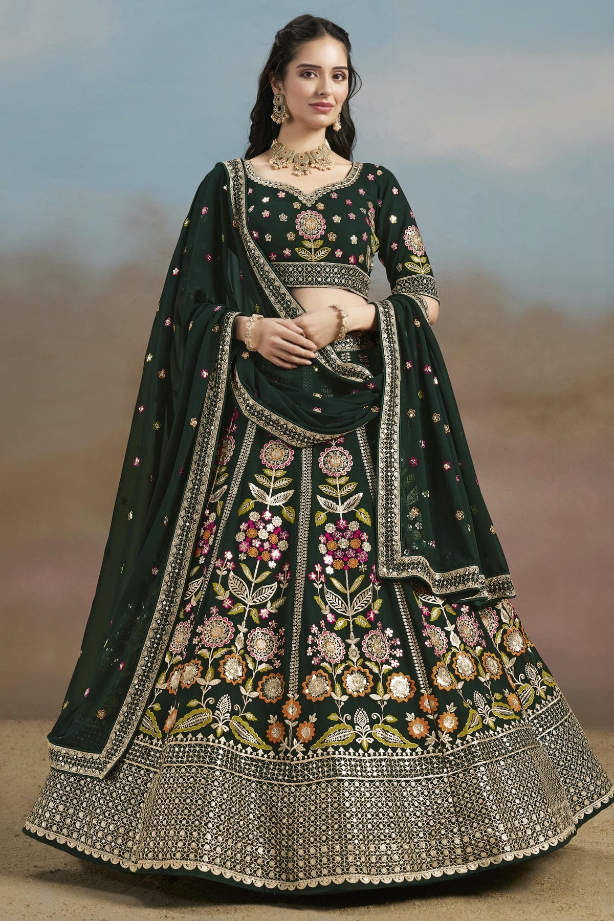 Georgette Lehenga Choli In Green Colour LC10110144