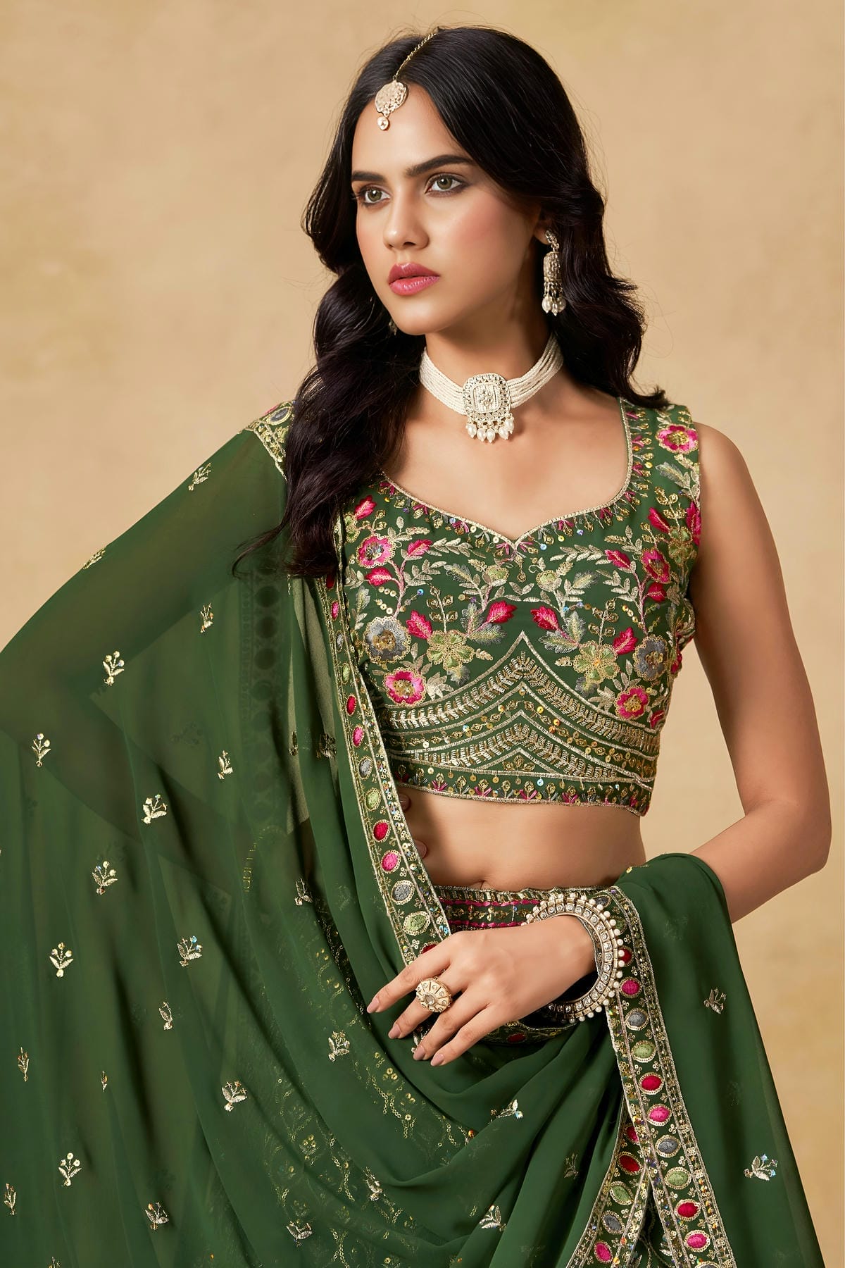 Georgette Lehenga Choli In Mehendi Green Colour LC10110113