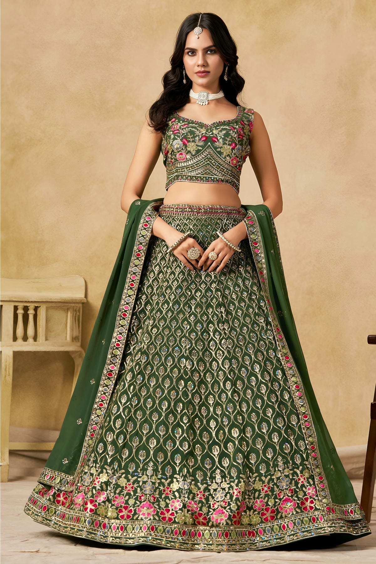Georgette Lehenga Choli In Mehendi Green Colour LC10110113