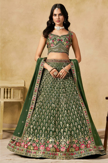 Georgette Lehenga Choli In Mehendi Green Colour LC10110113