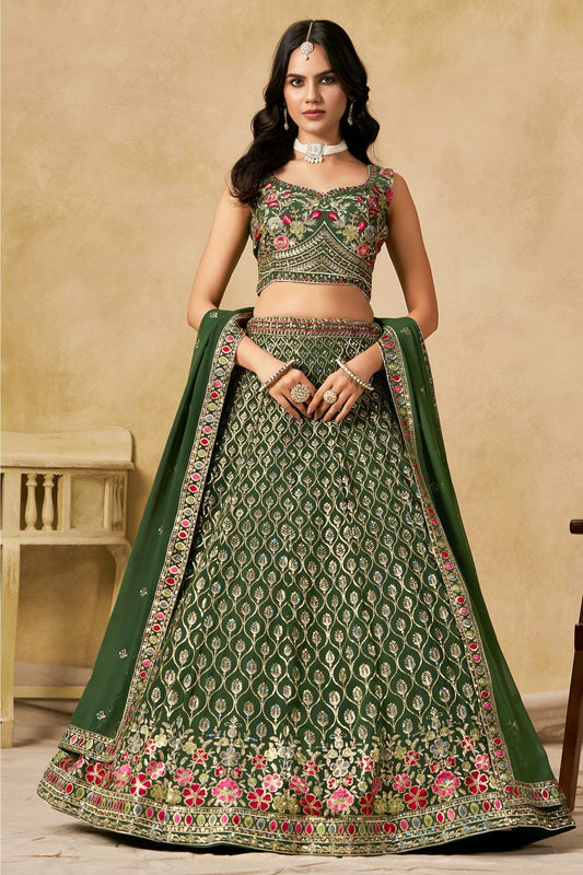 Georgette Lehenga Choli In Mehendi Green Colour LC10110113