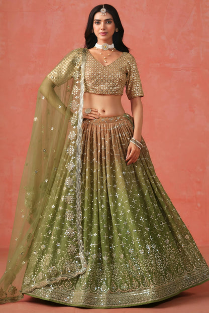 Georgette Lehenga Choli In Mehendi Green Colour LC10110120