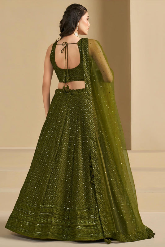 Georgette Lehenga Choli In Mehendi Green Colour LC10110131