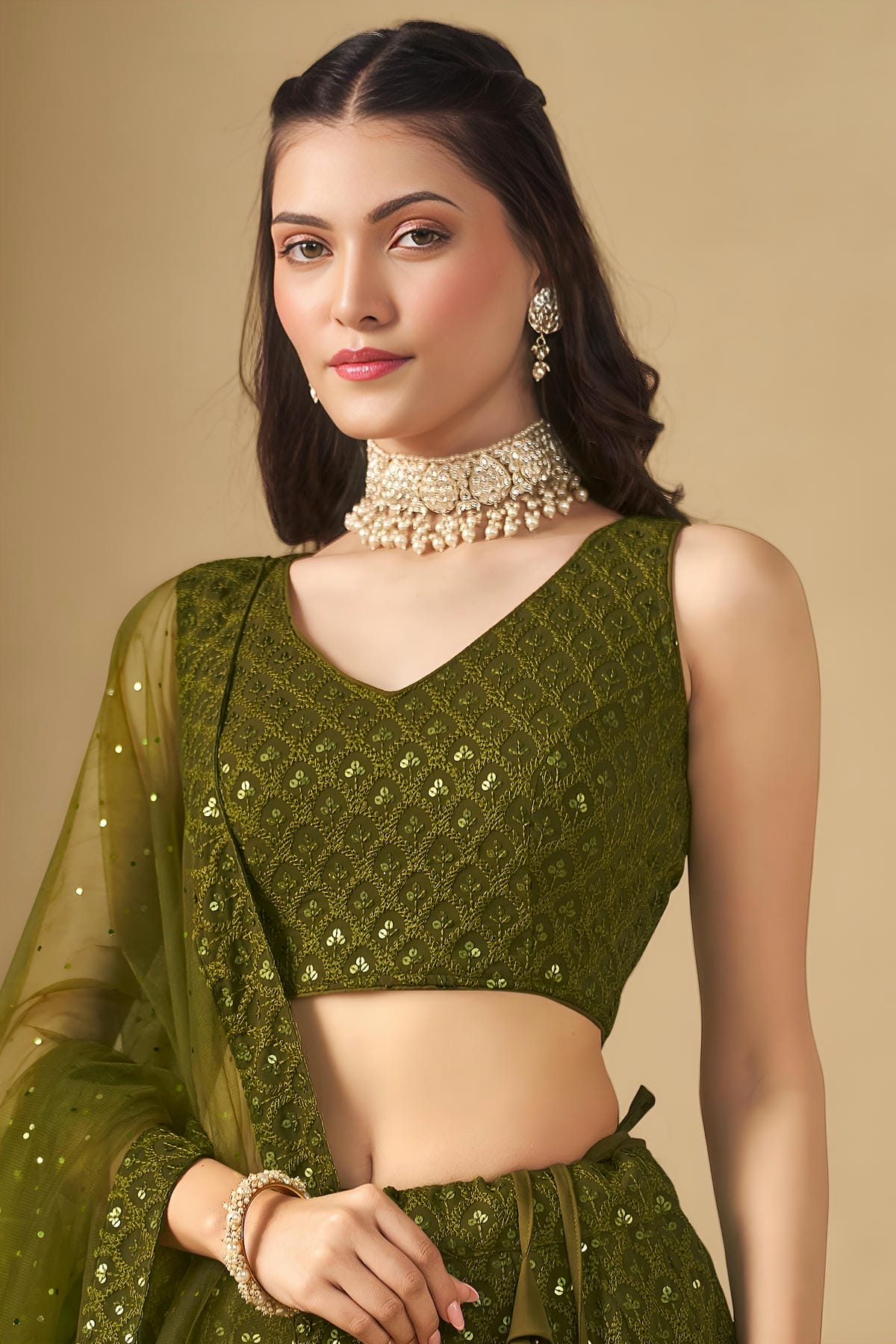 Georgette Lehenga Choli In Mehendi Green Colour LC10110131