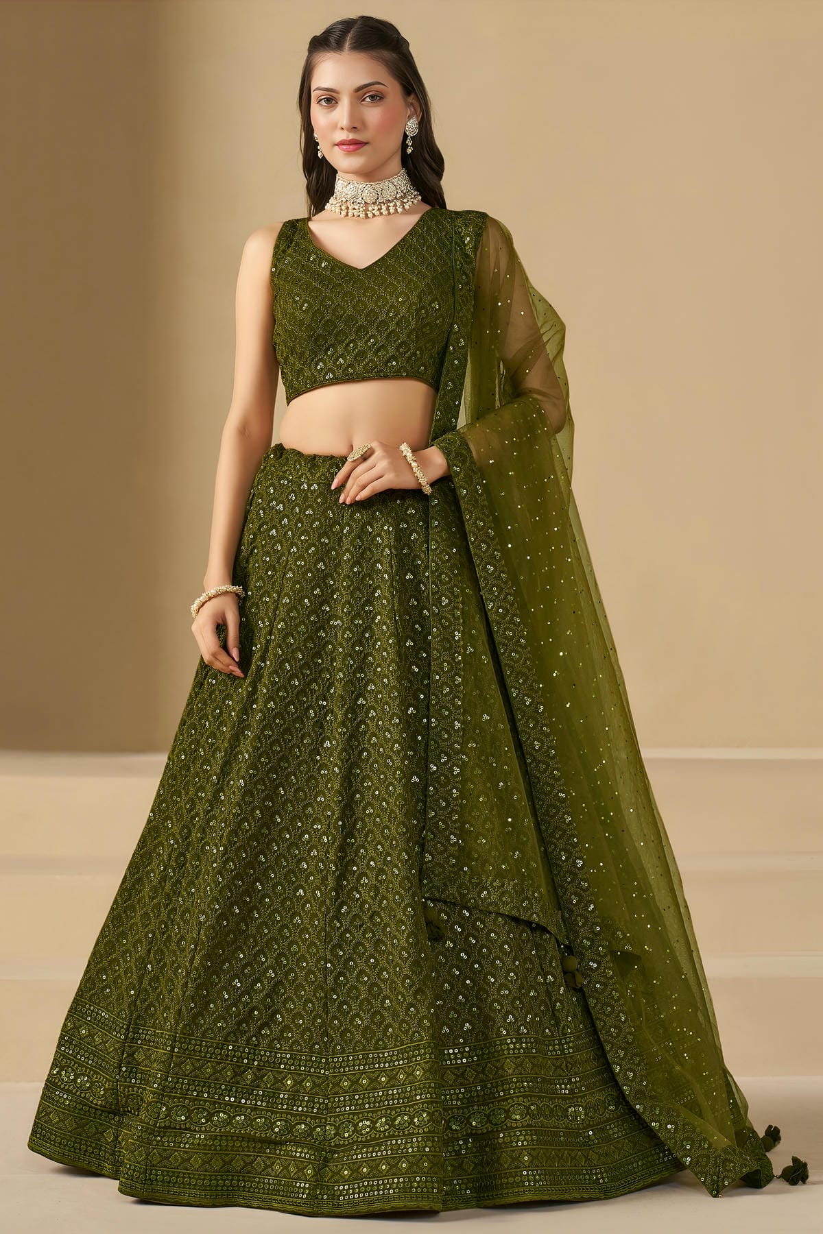 Georgette Lehenga Choli In Mehendi Green Colour LC10110131