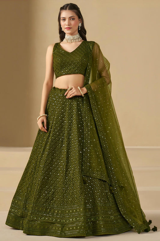 Georgette Lehenga Choli In Mehendi Green Colour LC10110131