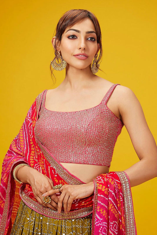 Georgette Lehenga Choli In Mehendi Green Colour LC10110169