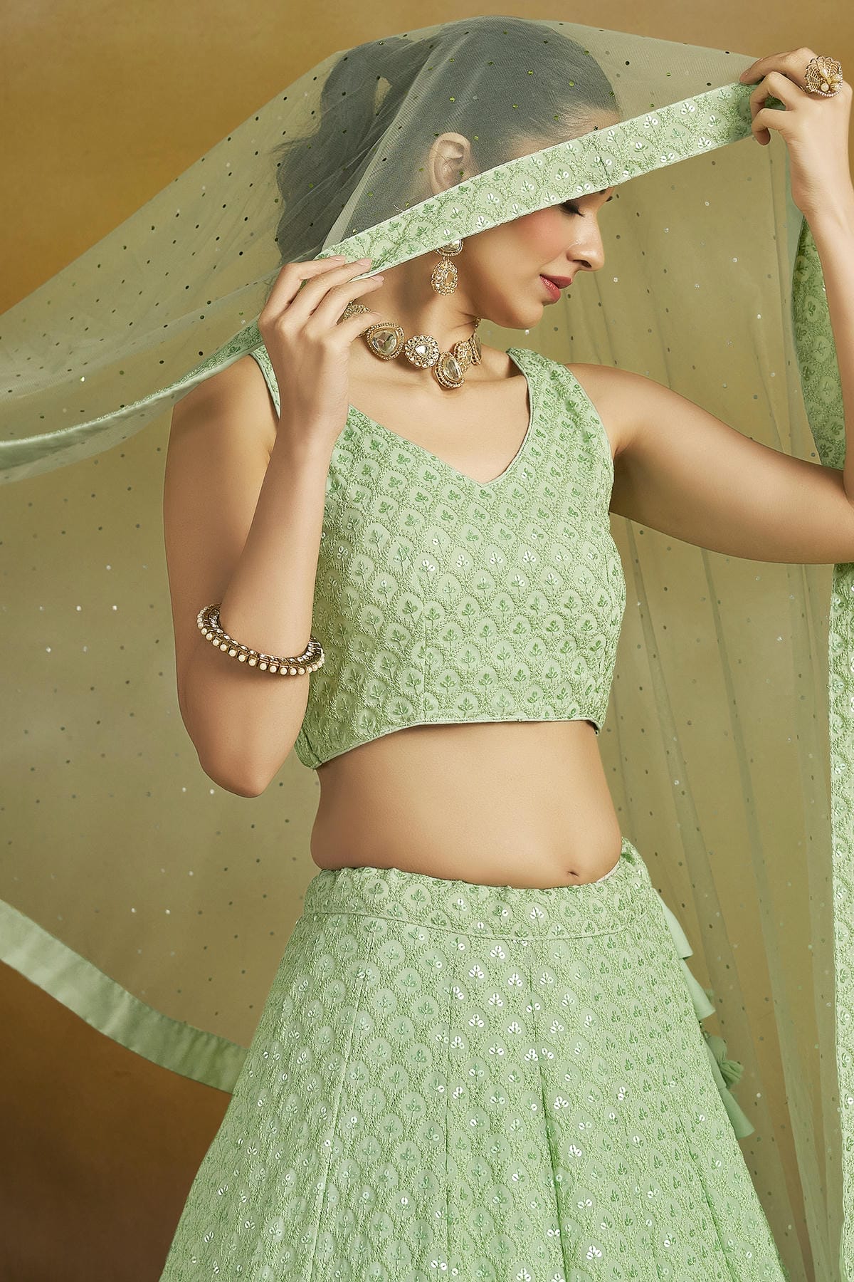 Georgette Lehenga Choli In Mint Green Colour LC10110135