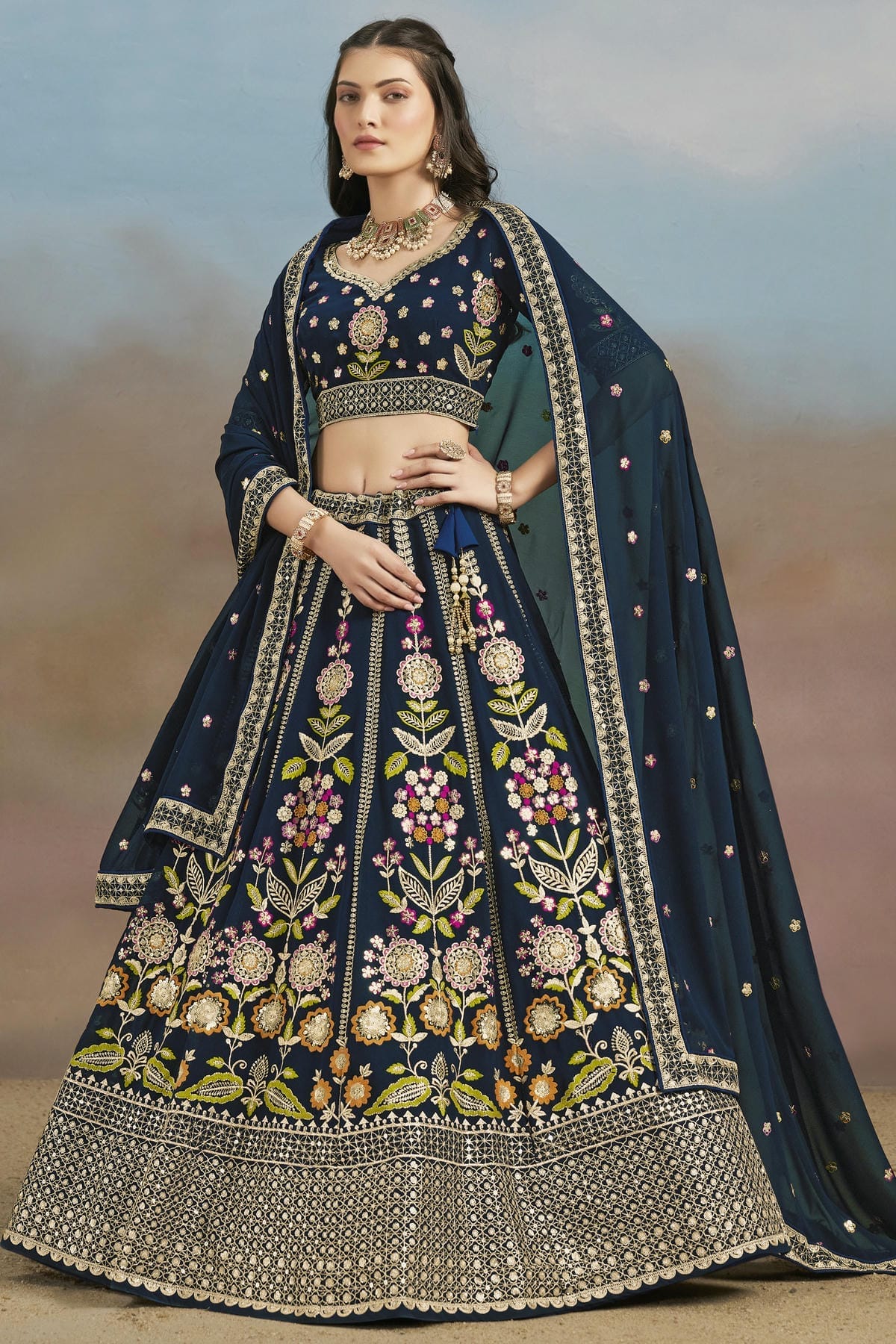 Georgette Lehenga Choli In Navy Blue Colour LC10110143
