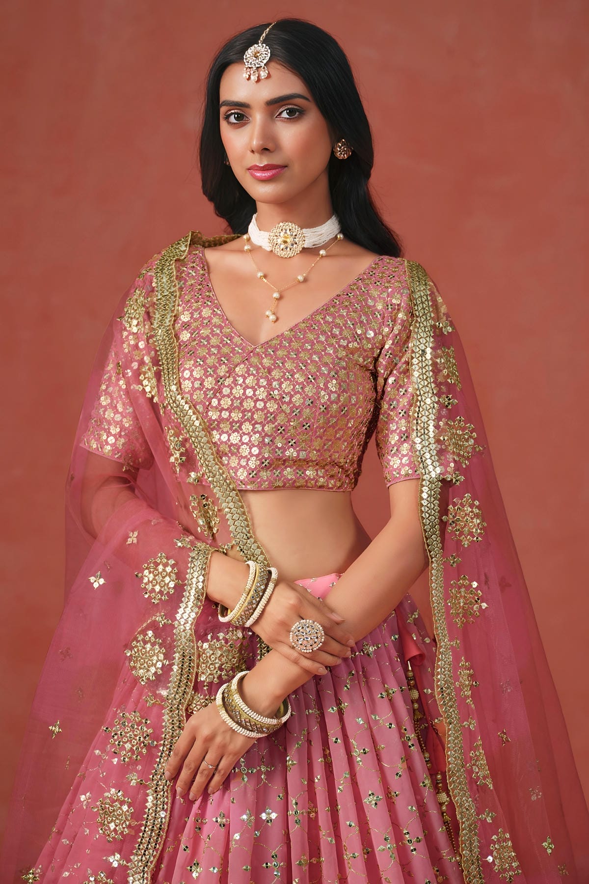 Georgette Lehenga Choli In Peach Colour LC10110122