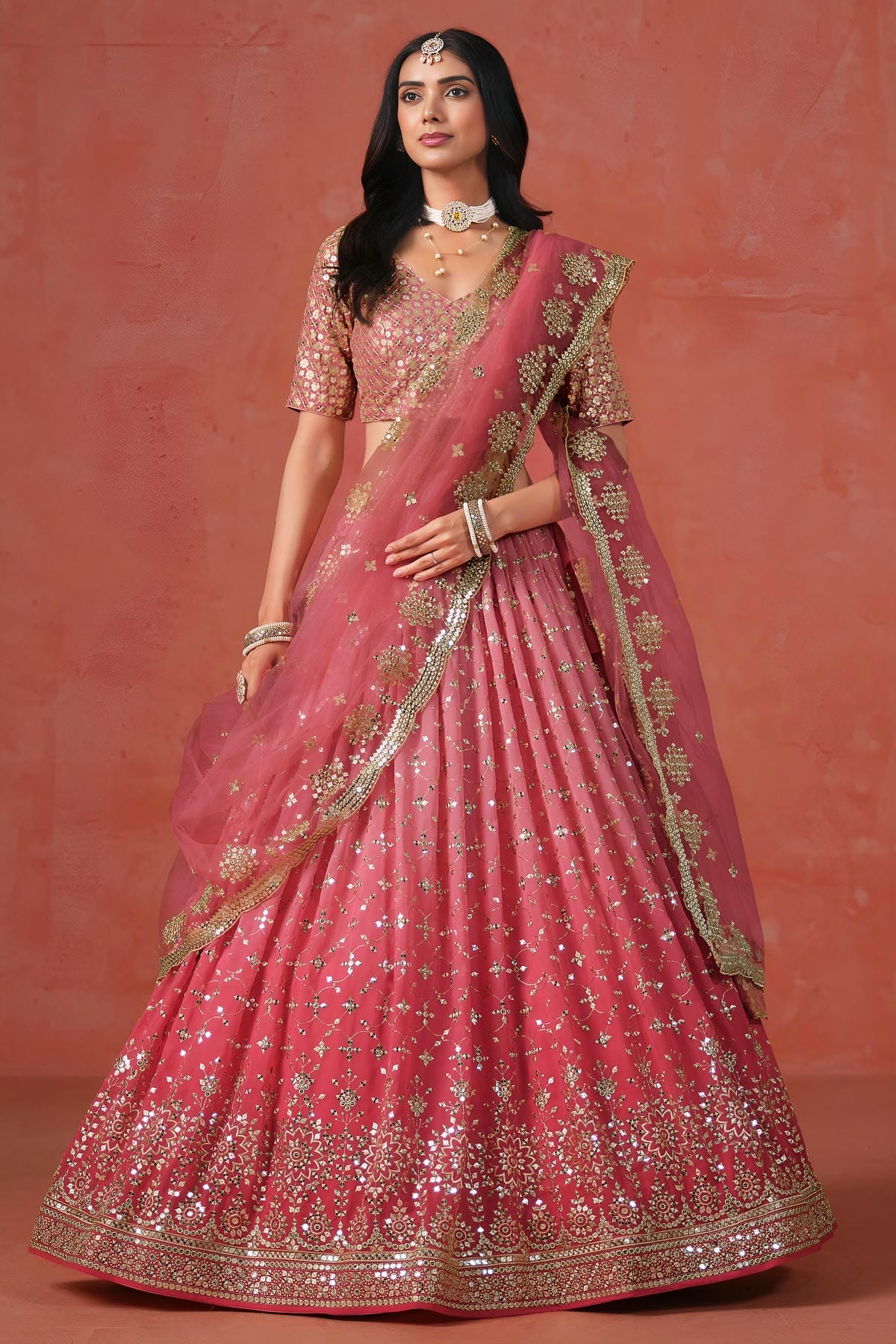 Georgette Lehenga Choli In Peach Colour LC10110122
