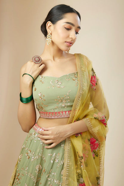 Georgette Lehenga Choli In Pista Green Colour LC10110175