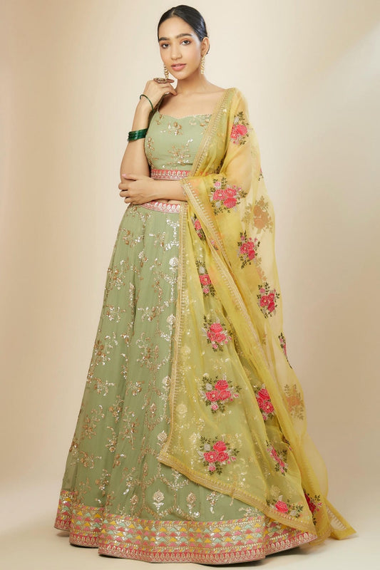 Georgette Lehenga Choli In Pista Green Colour LC10110175