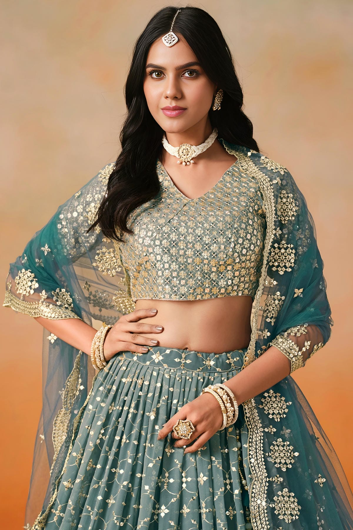 Georgette Lehenga Choli In Teal Blue Colour LC10110118